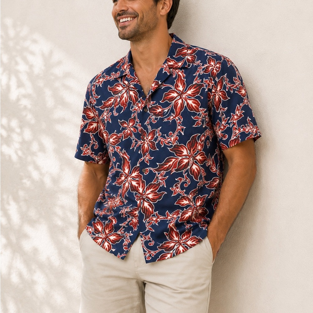 Men's hibiscus Hawaiian Navy Short-Sleeve Floral Button-Down Shirt XL